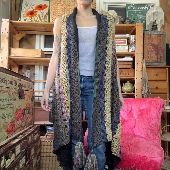 Boho Chunky Knit Longline Vest Multi Color Chevron Popcorn Stitch Tassel Hem - Picture 6 of 8